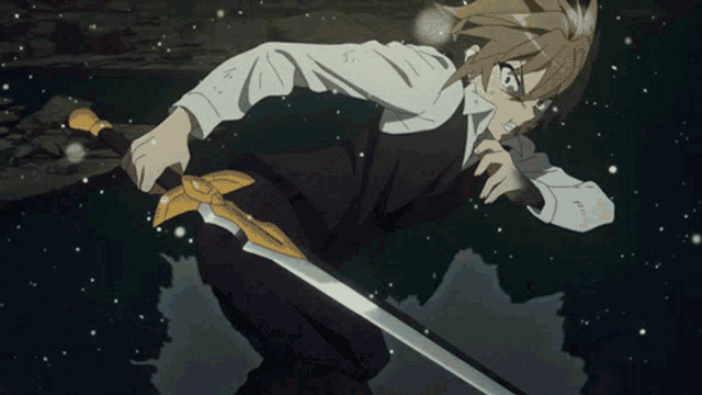 a man in a suit and tie holds a sword in his hand