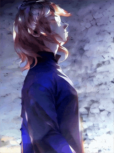 a painting of a person with long hair and a blue jacket