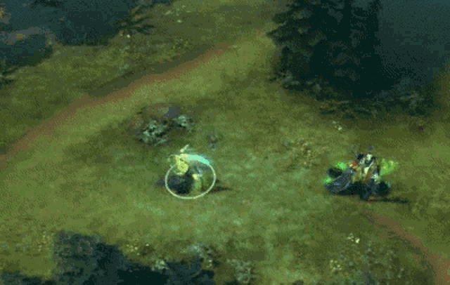 a screenshot of a video game with a green glowing object in the middle of a field .