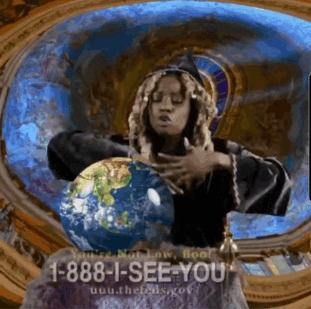 a picture of a woman holding a globe with the number 1-888-i-see-you