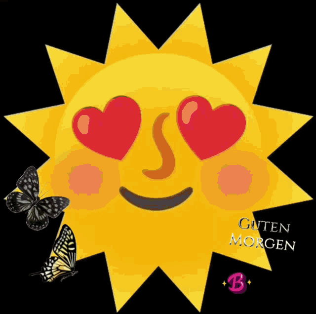 a sun with heart shaped eyes and butterflies around it