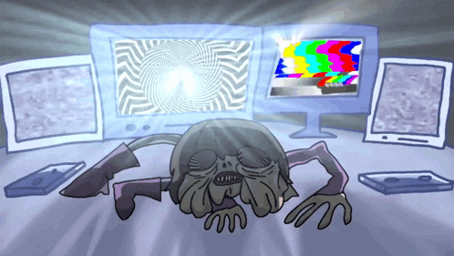 a cartoon of a monster laying in front of a computer screen with a swirl on it