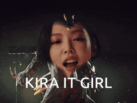 a woman is smiling with the words kira it girl written below her