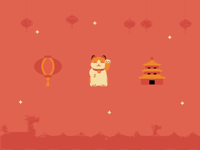 a red background with a cat a lantern and a pagoda on it