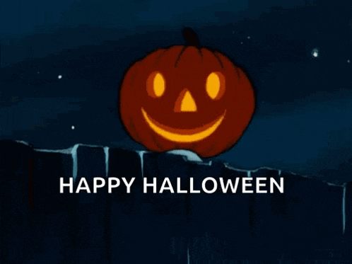 a pumpkin with a face carved into it is sitting on top of a fence with the words `` happy halloween '' below it .