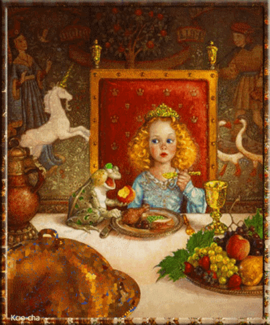 a painting of a little girl sitting in a chair with a frog and a unicorn