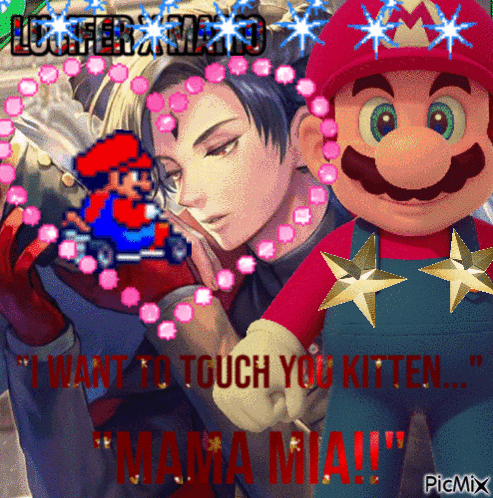 a cartoon of a man holding a mario doll with the words " i want to touch you kitten " on it