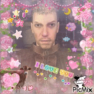 a man is surrounded by pink flowers and hearts with the words `` i love you '' written on it .