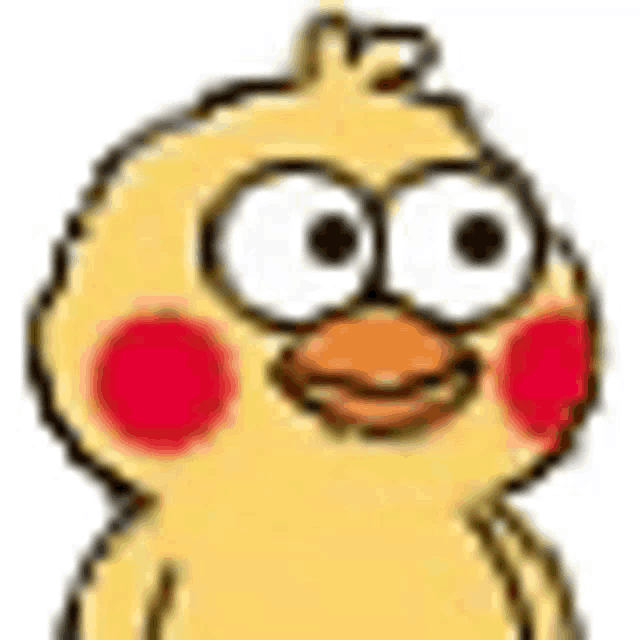a yellow chicken with big eyes and red cheeks is smiling .