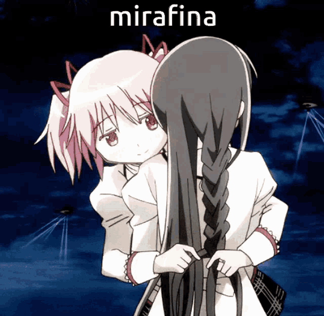 a picture of two anime girls with the word mirafina on the top