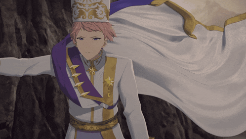 a man with pink hair is wearing a purple and white outfit