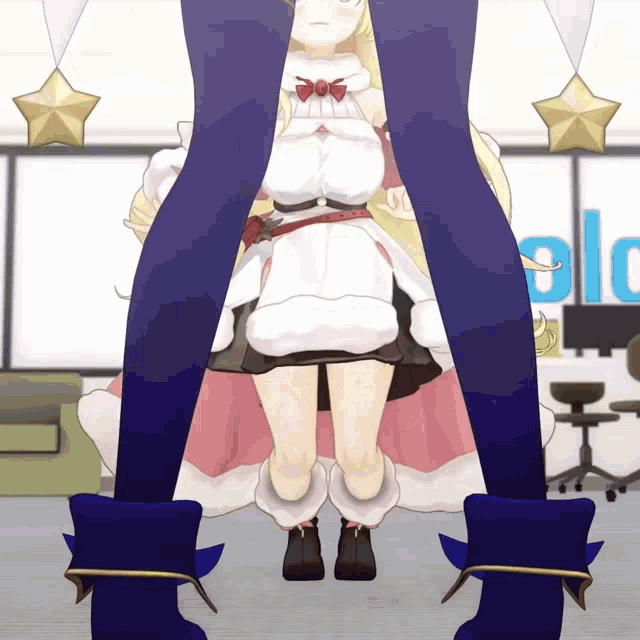 a girl in a white dress is kneeling down in front of a blue sign that says olc
