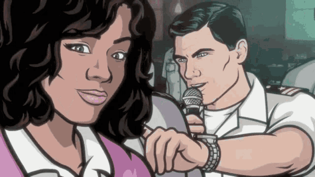 a cartoon of a man holding a microphone next to a woman with fx on the bottom