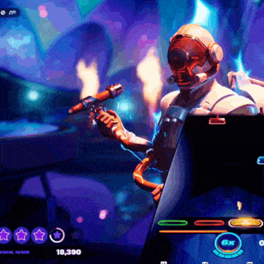a video game screen shows a robot playing a piano and singing into a microphone with a score of 18,390
