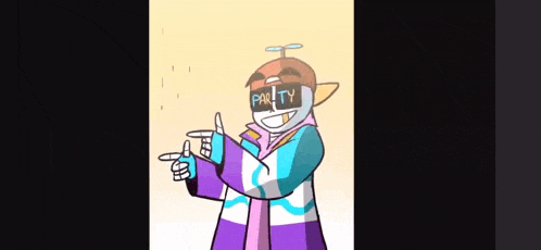 a cartoon character wearing a purple jacket and a hat is pointing at the camera .