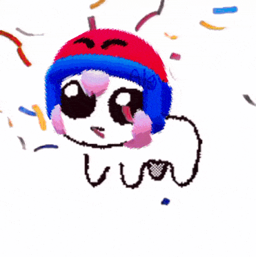 a pixel art drawing of a jellyfish with a red and blue hat on
