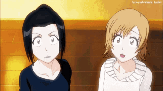 two anime girls are standing next to each other with the words fuck-yeah-bleach tumblr in the bottom right corner