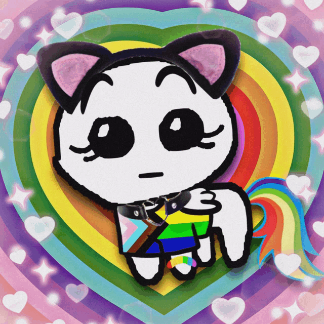 a cartoon drawing of a cat with a rainbow background