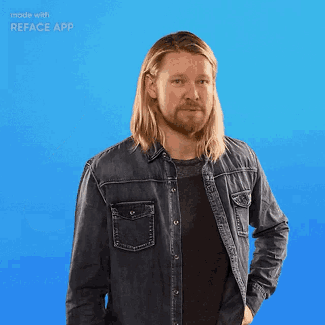 a man with long blonde hair and a beard is waving his hand in front of a blue background that says made with reface app