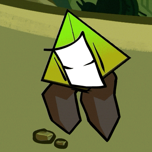 a cartoon drawing of a yellow triangle with a white face and legs