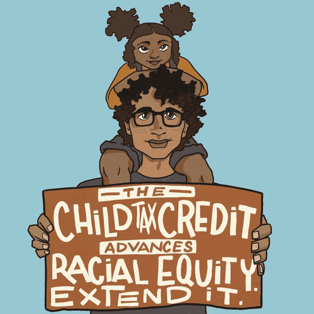 a man is carrying a little girl on his shoulders and holding a sign that says the child tax credit