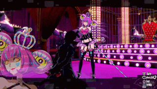 a video game screen shows a man and a woman dancing on a stage