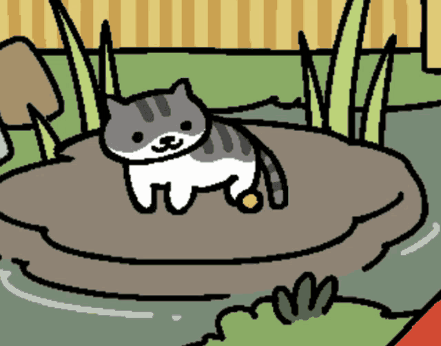 a cartoon cat is sitting on a rock in a pond