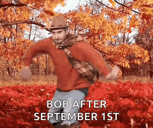 a man in a hat and scarf is dancing in a field of leaves with the words bob after september 1st below him .