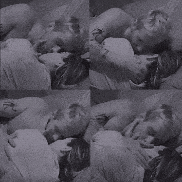 a black and white photo of a man and a woman laying on a bed