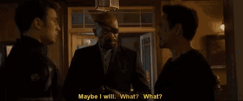 a man talking to another man with the words maybe i will what what written in yellow