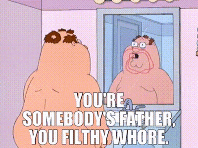 peter griffin from family guy is looking at himself in the mirror