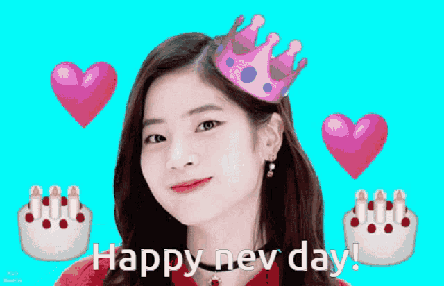 a girl with a crown on her head and the words happy new day written below her