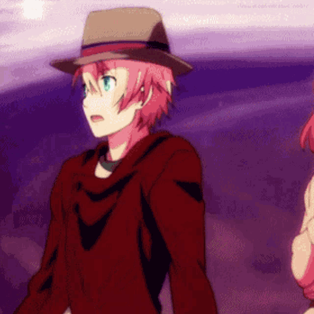 a boy with pink hair is wearing a hat and a red sweater