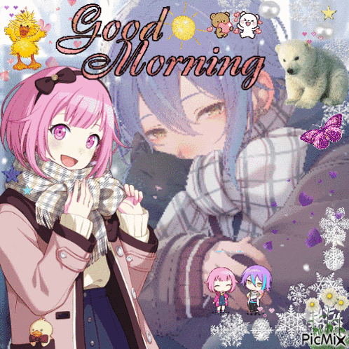 a picture of a girl with pink hair and the words good morning on it