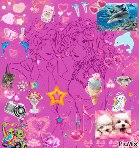 a pink background with a picture of a man and a woman surrounded by hearts and ice cream cones