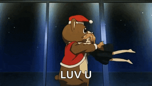 a teddy bear wearing a santa hat is hugging a girl and says " luv u "