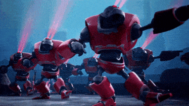 a group of red robots are standing in a line