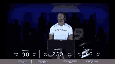 a man wearing a peloton shirt is riding a treadmill