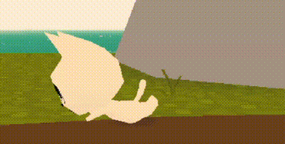 a cartoon character is laying on the ground in front of a large rock .