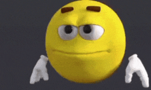 a yellow smiley face with brown eyes and white gloves is making a funny face .