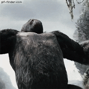 a gorilla is laying on its back with its arms outstretched in front of a cloudy sky .