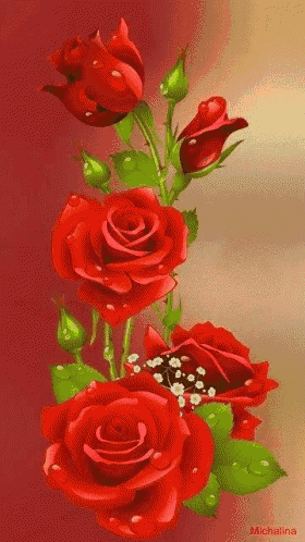 a bunch of red roses with green leaves are on a red background .