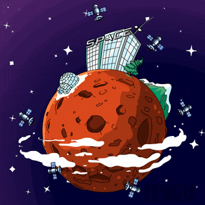a cartoon drawing of a planet with a space building on top of it