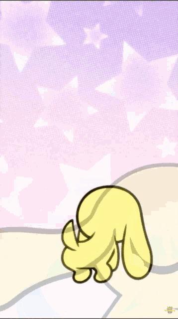 a cartoon drawing of a yellow rabbit with a purple sky in the background