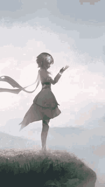 a girl in a white dress is standing on top of a grass covered hill .