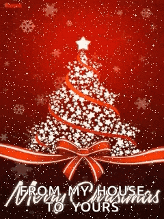a red christmas card with a christmas tree and the words from my house to yours on it