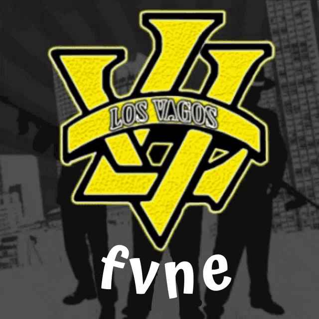 a logo for los vagos fvne with a group of men standing in the background