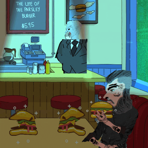 a cartoon of a man eating a hamburger in a diner with a sign that says the life of the parsley burger