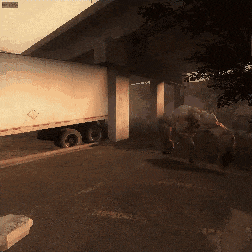 a white truck is parked under a bridge with a sticker on the side that says ' a '