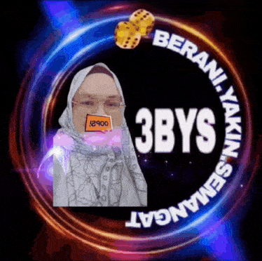 a woman wearing glasses and a hijab is in a circle with the word 3bys on it